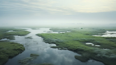 aerial view of a misty marsh, captured with a carl zeiss distagon t 15mm f/2.8 lens. the photo showcases a soft and dreamy atmosphere, with realistic and highly detailed rendering. the isolated landscape is adorned with silver and green tones, creating a serene and captivating scene. ai generatedの素材