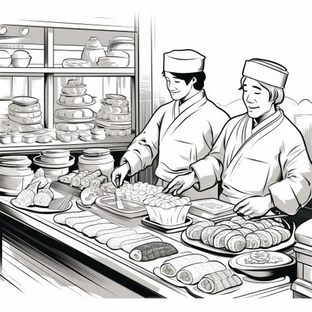 two individuals diligently working in an asian store, depicted in a hyper-detailed illustration style. the delicacy of touch is evident in the white and gray color palette, reminiscent of the artistic influences of range murata and yankeecore. the uniformly staged images showcase heavy outlines, adding depth and emphasis to the scene. ai generatedの素材
