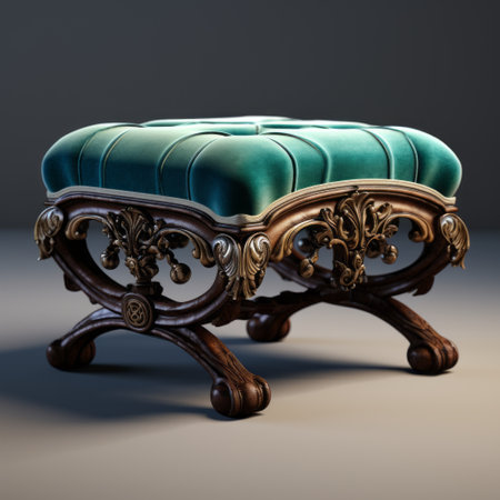 a vintage chair, in a realistic and hyper-detailed rendering style, is showcased in this photo. the chair features a gray area model with an ottoman, exuding a neo-victorian charm. the dark gold and cyan accents add a touch of elegance, while the light turquoise hue complements the overall aesthetic. inspired by anthony van dyck's art, this wooden chair is a stunning piece of furniture. aiの素材