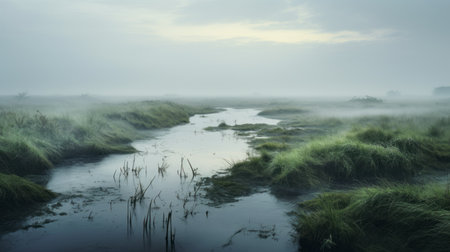 a river flowing through a vast expanse of towering grass, creating a misty and ethereal atmosphere reminiscent of dutch seascapes. the scene is bathed in a palette of light green and dark gray, capturing the essence of traditional landscapes. this stunning photograph by mike campau is presented in mesmerizing 8k resolution. ai generatedの素材