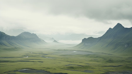 a breathtaking landscape photograph showcasing mountains and a river, reminiscent of a matte painting. the image features a harmonious blend of light green and light gray tones, captured using fujifilm provia film. the delicately rendered landscapes evoke a sense of darkness and moodiness, while also conveying emotive fields of color, reminiscent of dutch landscapes. ai generatedの素材