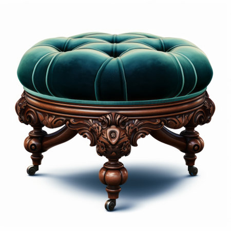 a small square stool ottoman in blue velvet, resembling baroque-inspired sculptures by george goodwin kilburne. this photorealistic rendering showcases intricate woodwork and a tondo shape. the ottoman's grandiose color scheme in green adds a touch of elegance to any space. ai generatedの素材