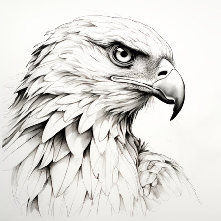 an eagle head black and white drawing with fantasy elements, showcasing a realistic style. the artwork features contour lines, hyperrealistic murals, and a smokey background. the inking is clean and sharp, resulting in a hyper-realistic animal illustration. the character illustration is highly detailed, capturing the essence of the majestic eagle. ai generatedの素材