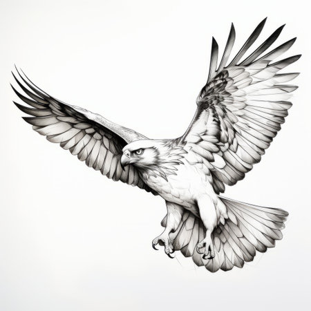 a black and white hyper-realistic illustration of an eagle in flight. the detailed character design showcases the symmetrical asymmetry of the majestic bird. the split toning technique adds depth with dark and light shades of white. this high-angle illustration captures the grace and power of the eagle in a captivating way. ai generatedの素材