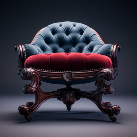 an upholstered antique chair featuring red and white fabric, showcasing a dark sky-blue and light crimson color scheme. this opulent piece reflects the victorian era with its wealthy portraiture and classical precision. captured in 8k 3d resolution, it exudes an opulent minimalism that is sure to add a touch of elegance to any space. ai generatedの素材