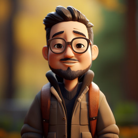 a cartoon character with glasses and a backpack is depicted in this artwork. the character is portrayed in a highly detailed environment, with soft-focus portraits and realistic sculptures. the animated gifs add movement to the scene, while warm tones create a cozy atmosphere. the overall style of the artwork can be described as a blend of cabincore and sharpprickly aesthetics. ai generatedの素材