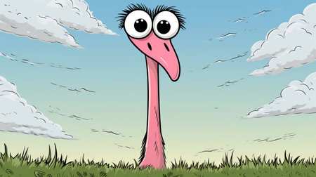 a pink flamingo, in a comic cartoon style, stands on the grass against a vibrant sky. the image features a flattened perspective and incorporates elements of wimmelbilder, with cartoonish caricatures and caricature faces. the scene is enhanced with the rtx on technology, showcasing dusty piles in the background. ai generatedの素材