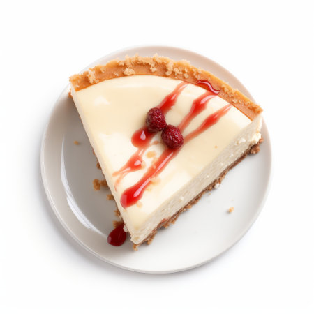 a plate of delicious cheesecake is showcased in this highly detailed, 4k, 8k, uhd, hyper detailed top view photo. with a white background, this image is ideal for professional advertising posts and food photography. pudding lovers will be delighted by the mouthwatering sight of this delectable dessert. ai generatedの素材