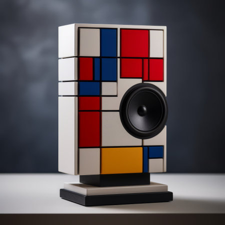a speaker in the style of synthetic cubism, featuring vibrant colors of red, blue, green, and yellow, rests on a wooden base. meticulously crafted scenes are showcased on the speaker, reminiscent of the swiss style. this unique piece is captured with the voigtlander bessa r2m camera, resulting in a stunning 32k uhd image. ai generatedの素材