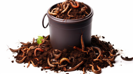 a brown bucket filled with scorpions is placed on the ground, arranged in an orderly manner. this pop-culture-infused image, reminiscent of mario testino's style, showcases spirals and serves as a critique of consumer culture. the combination of dazecore and kimoicore aesthetics adds a unique twist to the composition. ai generatedの素材