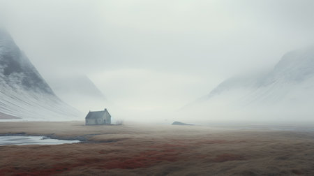 a house nestled on a mountainside, enveloped by clouds, captured in stunning 8k resolution. the soft mist adds an emotive touch to the desolate landscapes, while the fields of color evoke an ethereal atmosphere. the dark red and light cyan hues create a cold and detached ambiance, making this photo a captivating portrayal of nature's beauty. ai generatedの素材