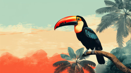 a colorful toucan perched on a palm tree, showcasing retro visuals and a naturalistic landscape background. this vintage graphic design features a high resolution image with vibrant hues of dark orange and sky-blue. the photo captures the essence of cartelcore aesthetics, despite its low resolution. ai generatedの素材