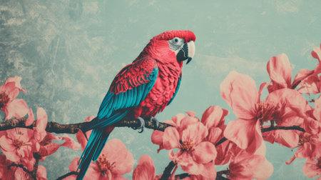 colorful bird perched on tree branches, showcasing vintage aesthetics with a blend of light crimson and cyan hues. the exotic atmosphere is enhanced by the flower power vibes, while the photorealistic detail captures the essence of the baroque animals. the image is further enhanced by the artistic technique of split toning. ai generatedの素材
