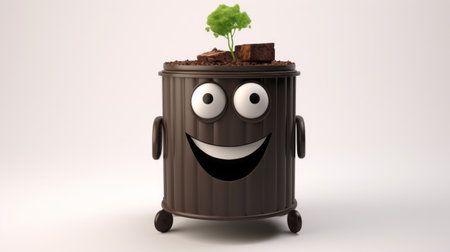 a green garbage can with a smiling face and a plant at the bottom, showcasing the artistry of hard surface modeling. this brown recycled carcore creation seamlessly merges natural and man-made elements, inspired by the works of stanley pinker. crafted from raw materials, it embodies the beauty of repurposing and sustainability. ai generatedの素材
