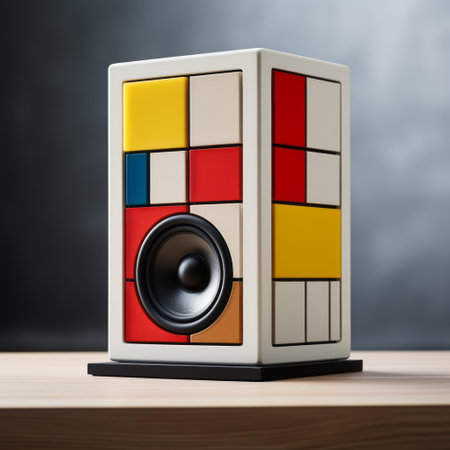 the colorful speaker, inspired by cubist abstracts and de stijl, is showcased in this image. with selective focus and an advertising-inspired design, it embodies the swiss style. the high-resolution 8k 3d display highlights its rusticcore aesthetic. ai generatedの素材