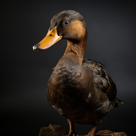 a large yellow and brown duck is captured in a high-quality photo, placed on a wooden stump against a dark background. the image is reminiscent of the dusseldorf school of photography, showcasing elements of taxidermy and a dark black and bronze color palette. this characterful animal portrait falls into the angura kei style, offering a hyperrealistic depiction of marine life. ai generatedの素材