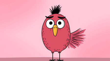 the cartoon angry bird is depicted in a vibrant pose, pointing fiercely against a captivating pink background. the attention to detail in the fur and feathers texture adds depth to this emotionally charged portrait. the style of the image resembles graphic novel sketches and animated gifs, evoking a sense of dynamic movement. this unique artwork captures the essence of exotic birds, with spiky mounds andの素材