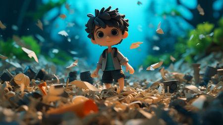 a little boy explores a vast field enveloped by an abundance of leaves. this captivating image showcases a meticulously crafted character design with a hard surface modeling style. the scene exudes an intriguing blend of ocean academia and a unique twist, as the field is composed of trash. the color palette features a striking combination of dark teal and light beige, while the photo wasの素材
