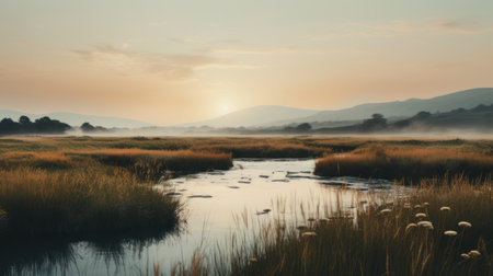 a breathtaking landscape photo capturing a serene river flowing through majestic mountains. this picturesque scene, reminiscent of suffolk coast views, is bathed in soft hues of light pink and light amber, creating a hazy romantic atmosphere. shot on 70mm with an impressive 8k resolution, this image showcases the artistic influences of ephraim moses lilien and lisa parker. ai generatedの素材