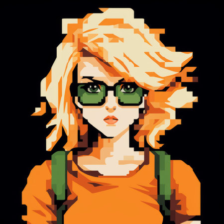 a photo of an 8-bit style anime character with blonde hair and glasses, combining elements of banksy and caravaggio. the character is depicted with 20% green and 80% orange colors, creating a unique and vibrant visual aesthetic. ai generatedの素材