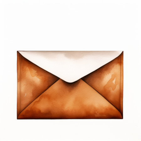 a watercolor envelope with brown paper art, featuring a realistic and detailed rendering. made of rubber, this soft atmospheric perspective piece showcases creative commons attribution and personal iconography. the lettering mastery adds an artistic touch to the white background. ai generatedの素材