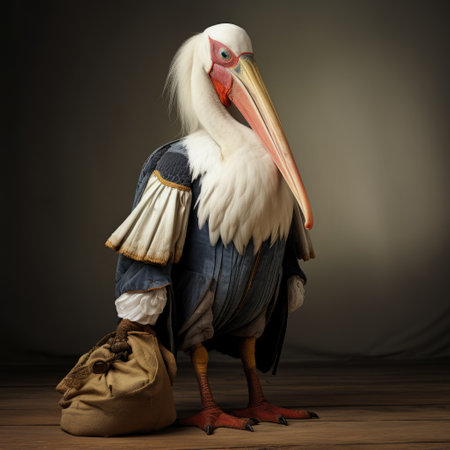 a bird in costume, inspired by the medieval danube school, stands near a bag in this grandiose portrait-style photograph. the photo showcases the artist's fine art photography skills, with photo-realistic compositions and intricate details created using zbrush. ai generatedの素材