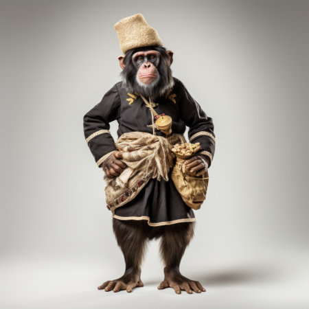 chimpanzee wearing a decorative cloth headdress and holding a bamboo fork and knife, photographed against a gray background. this image showcases an elaborate costume design, reminiscent of the playful character designs seen in the works of artists like abdel hadi al gazzar and hans memling. the uniform staging and national geographic style add to the fanciful nature of the photo. ai generatedの素材