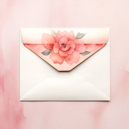 an envelope adorned with watercolor roses is placed on a vibrant pink background. the detailed background elements, featuring light beige and red hues, create a playful and streamlined design. the roses are depicted with realistic hyper-detail, showcasing the meticulous attention to detail. the use of sheet film and high-contrast shading adds depth and visual impact to the composition. ai generatedの素材