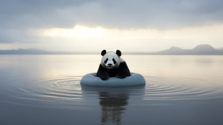 a panda bear sits on an inflatable mat in this high-quality national geographic photo. the panda is depicted in the style of muted seascapes, with trapped emotions portrayed. the image is captured in 8k resolution, showcasing the intricate details of the panda and the rubber-made inflatable mat. the photo belongs to the cloudcore genre, offering a visually stunning and captivating composition. ai generatedの素材