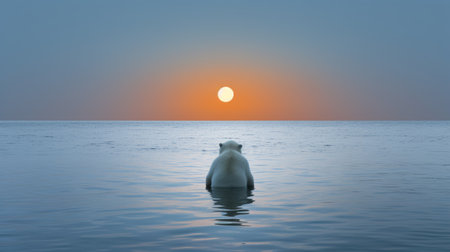an isolated picture of a polar bear captured in the style of romantic moonlit seascapes. the light cyan and orange tones add a surreal touch to this serene and calm image. shot with a canon eos 5d mark iv, this surrealist photograph showcases the polar bear against a backdrop of horizons, evoking a sense of heatwave. ai generatedの素材