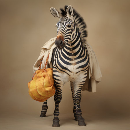 a zebra, dressed in brown clothing and holding a leather bag, poses in a kitchen still life scene. the image showcases the artistic style of sacha goldberger, patricia piccinini, and louise bourgeois, with elements of digital manipulation. the zebra is creatively made of cheese and wrapped in an intriguing composition. ai generatedの素材
