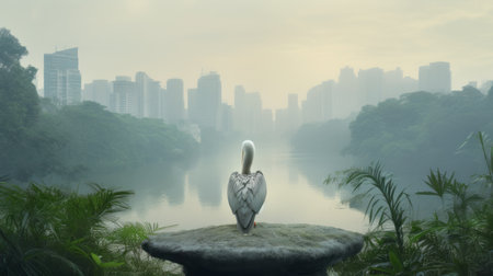 a pelican gazes into the misty, watery sky, reminiscent of futuristic cityscapes. the scene carries a touch of zen buddhism influence, blending urban exploration with elements of an urban fairy tale. the lifelike figures and realistic landscape create a captivating and dreamlike ambiance. ai generatedの素材