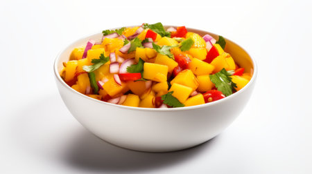 a vibrant and energetic mango salsa tropical garnish is showcased in this photo. the clear edge definition and white background enhance the streaked and vibrant colorism of the dish. the garnish utilizes a combination of light white and magenta hues, creating a lively and eye-catching presentation. ai generatedの素材