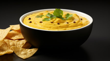 a photo of a corn kernel dip with chips and cilantro is showcased in a black bowl. the image is rendered in a realistic and hyper-detailed style, with dark yellow and light orange hues. captured using adox silvermax, this photograph is perfect for a website. the richly layered composition and smooth curves add depth and visual appeal. ai generatedの素材