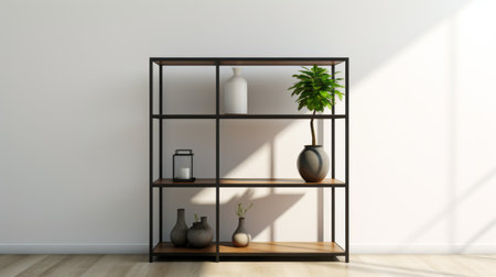 an empty room with a minimalist-styled empty shelf featuring a wrought iron object on the lower area. the shelf showcases bold structural designs and precisionist lines, while the room embraces earth tones and anti-clutter aesthetics. the combination of light green and dark bronze adds a touch of elegance to the overall minimalist design. ai generatedの素材
