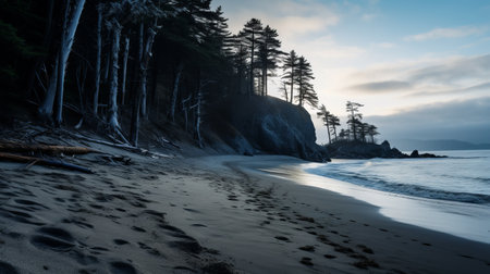 snowy trees stand near the beach, creating a dark and moody landscape. the organic formations of the trees blend harmoniously with the naturalistic ocean waves. sunrays pierce through the branches, adding a touch of ethereal beauty. this northwest school-inspired documentary travel photograph captures the mesmerizing scene with an artistic flair. rtx on. ai generatedの素材