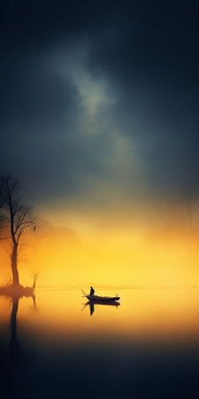 a man floats on a boat at sunrise, gliding over a shallow lake. the photo captures the essence of dark yellow and dark azure tones, reminiscent of gauzy atmospheric landscapes. the image features vignetting and a smokey background, inspired by the styles of bayard wu and rafa olbiski. the matte finish adds a unique touch to this captivating photo. ai generatedの素材