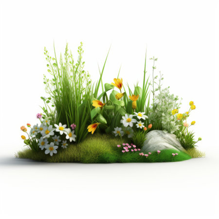 3d rendering of blooming rosebuds, blue wild flowers, and grass on a rocky landscape. this naturalistic style artwork by paul barson features miniature sculptures of yellow and white flowers, creating a colorful garden scene. the isolated landscapes by marguerite blasingame add depth and beauty to the overall composition. ai generatedの素材