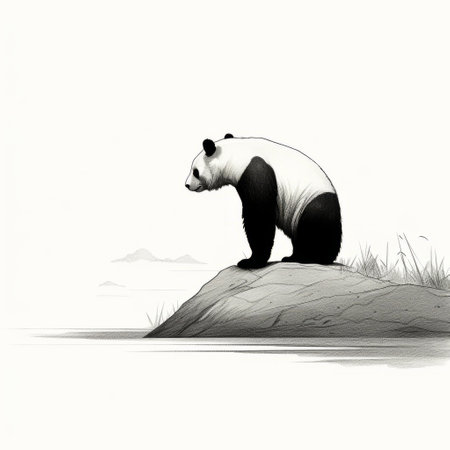 panda bear standing on a rock by the water, depicted in a minimalist black and white drawing style. this captivating image, inspired by the works of raphael lacoste and frank quitely, evokes the charm of children's book illustrations. the animated gifs and rough-edged 2d animation add a touch of restrained serenity to this enchanting scene. ai generatedの素材