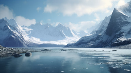an icy landscape featuring rocks and mountains in the background, showcasing hyperrealistic marine life rendered in maya. these atmospheric shots capture the stunning beauty of this accurate and detailed artwork. the crisp and clean visuals make this creative commons attribution image truly breathtaking. ai generatedの素材