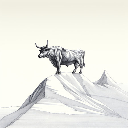 a pen and ink bull stands gracefully on snow, showcasing a surreal 3d landscape. this chic illustration captures the realistic landscapes with soft, tonal colors. the art of burma is evident in the graceful balance of the silver-toned editorial illustration. ai generatedの素材