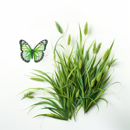 green butterfly gracefully takes flight above a lush expanse of green grass. this meticulously crafted photorealistic still life captures the essence of nature's beauty. set against a pristine white background, the butterfly's delicate form stands out, showcasing the intricate details of its wings. created using daz3d software, this artwork seamlessly blends natural and man-made elements, while minimalist textiles add a touch of elegance. ai generatedの素材