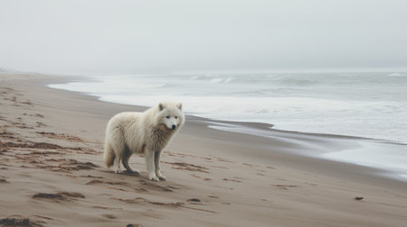 a white animal, resembling a furry art creation, stands gracefully on the ocean shore. the detailed atmospheric portrait captures the misty atmosphere surrounding the creature, creating a mesmerizing scene reminiscent of the northern renaissance. this stunning photograph was taken using the sony alpha a7 iii camera, showcasing the beauty of new american color photography. the image exudes a unique blend of desertwave aesthetics and naturalの素材