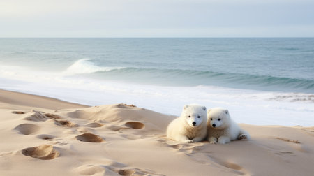 two bear cubs, with their fur glistening under the sunlight, are captured in this high-resolution photograph. standing on the sandy shore, they create a striking contrast against the naturalistic ocean waves. the bold chromaticity of their surroundings adds depth to the image, while the dutch marine scenes evoke a sense of tranquility. these chilling creatures are beautifully portrayed through the lens of a hasselblad 1600fの素材