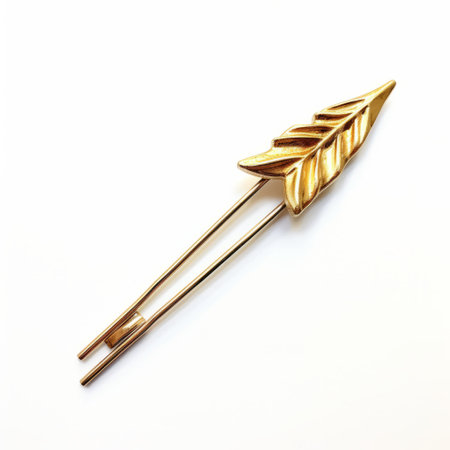 arrow gold barrette with a gravure printing style, showcased against a white background. the split toning technique enhances its visual appeal. this collectible piece combines elements of industrial and product design, featuring highly detailed foliage. perfect for glamorous pin-ups and various modes of display. ai generatedの素材