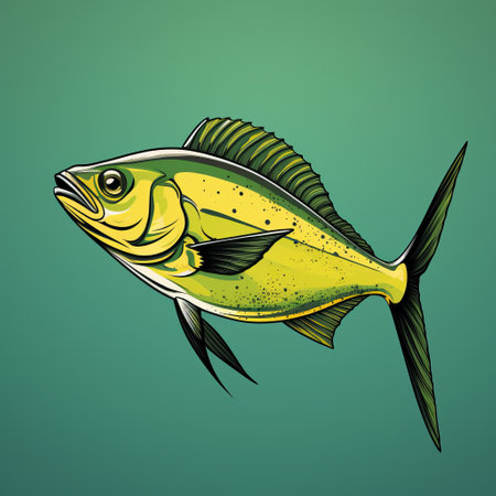 a vibrant vector illustration of a fish or marlin, set against a green background. this artwork, created in the style of sketchfab, showcases the talent of a vivid comic book artist. with precise detailing, eye-catching detail, and bold colors, this 2d game art piece captivates viewers with its strong lines and intricate character illustrations. ai generatedの素材