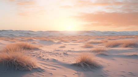 a sand desert with snow plants near the shore, rendered in cinema4d with light orange and light gold tones. the detailed skies and soft, atmospheric lighting create a realistic and hyper-detailed rendering. the textural richness and vray tracing enhance the overall visual appeal of the image. ai generatedの素材