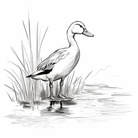 a hand-drawn image of a duck standing gracefully in the water. the sketch is done in a detailed style, using white and gray tones. the brushstrokes create a textured effect, reminiscent of dansaekhwa. the ambient occlusion adds depth to the image, while the light cyan and gray colors enhance the detailed character illustrations. ai generatedの素材