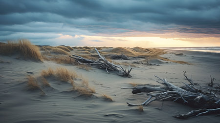 a stormy evening sky looms over a sandy beach, capturing the essence of organic nature-inspired forms and decaying landscapes. this national geographic photo showcases atmospheric woodland imagery with varying wood grains, all beautifully rendered in stunning 8k resolution. the photo is reminiscent of the captivating work of patrick dougherty. ai generatedの素材
