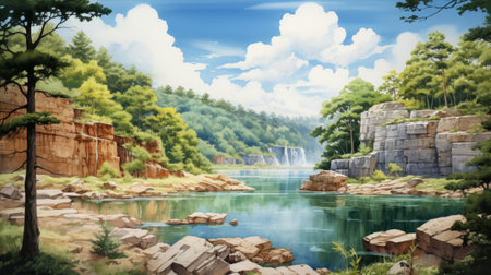 the painting showcases a breathtaking scene of water, mountain peaks, rocks, and trees, inspired by the anime style. with its richly detailed backgrounds, this 32k uhd artwork captures the essence of the southern countryside. created using fujifilm pro 800z, the vibrant colors and intricate details bring this animecore masterpiece to life. immerse yourself in this stunning landscape where nature meets art, with rtx on. aiの素材